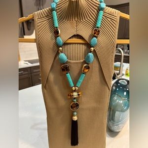 18” adjustable necklace, black fringe with tortoise and turquoise